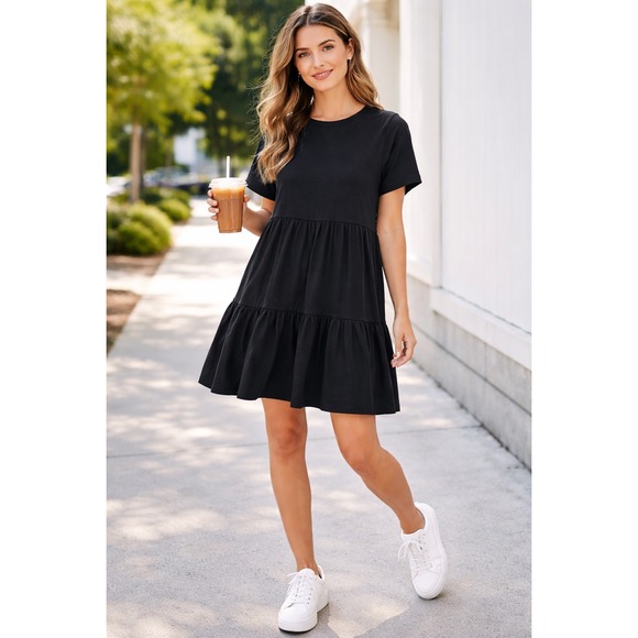 Old Navy Dresses & Skirts - Old Navy Tiered Knit Dress Women Large Black Short Sleeve Mini Cotton 559533-03